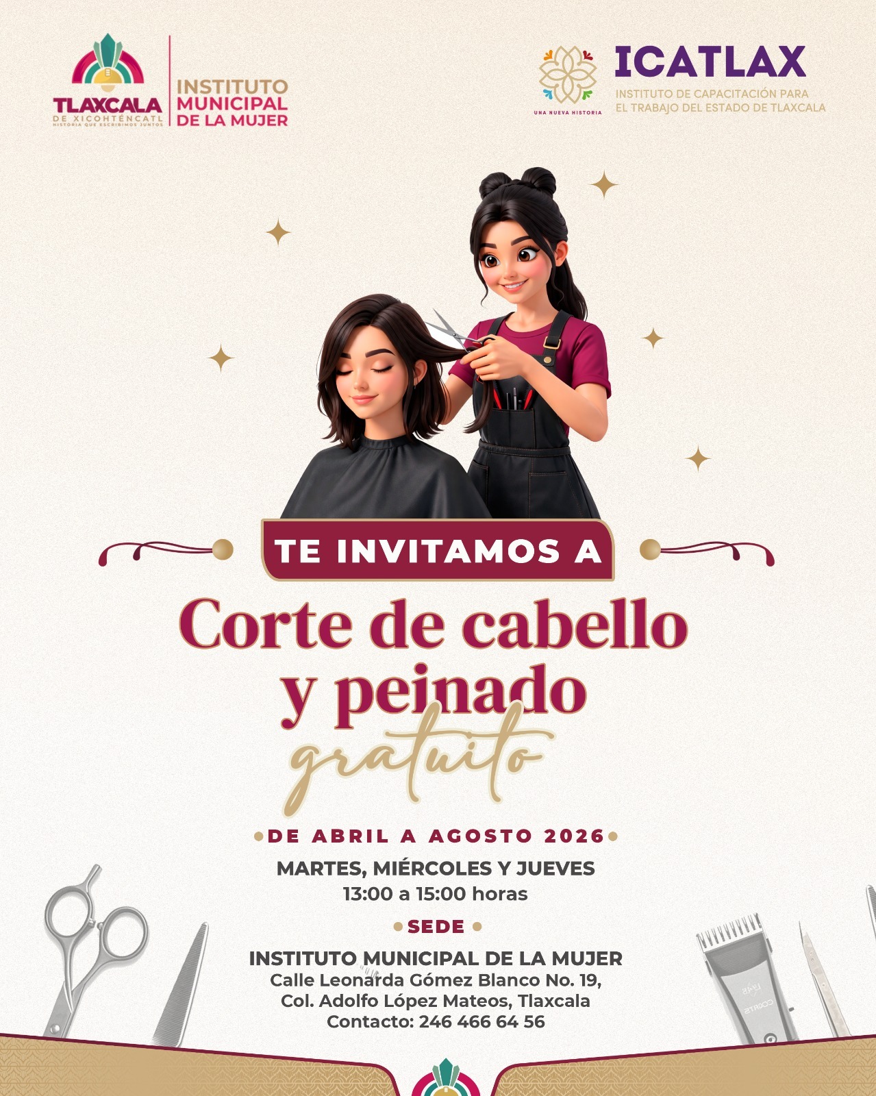 Invita Ayuntamiento de Tlaxcala a cortes de cabello y peinados gratuitos en el Instituto Municipal de la Mujer